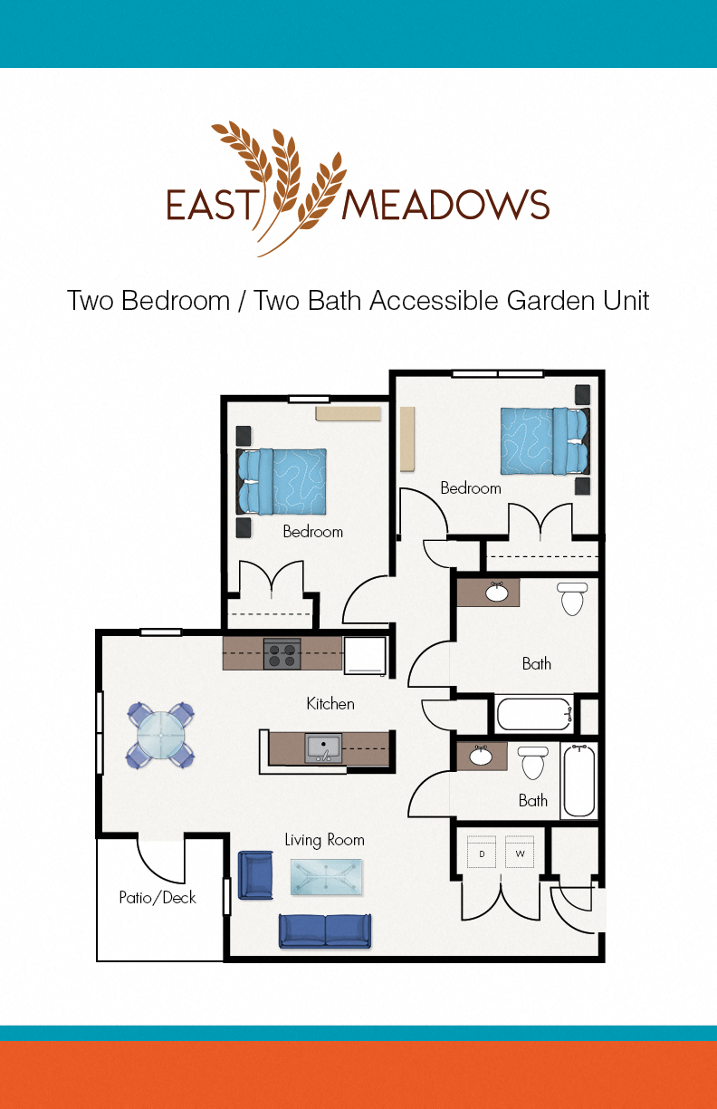 Floor plan for 2 beds, 2 baths, 1037 sqft